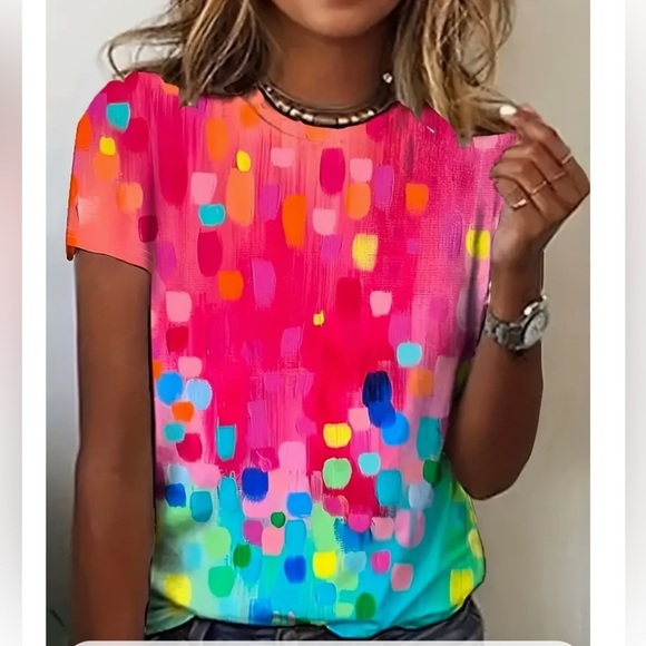 Tops - Colorful Casual Print T-Shirt with Crew Neckline and Short Sleeves